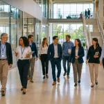 A diverse group of professionals walking through a modern technology and innovation laboratory.